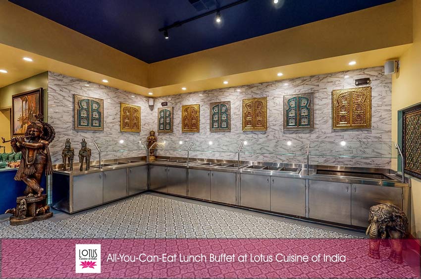 All-You-Can-Eat Lunch Buffet at Lotus Cuisine of India - Buffet table, logo and texts.