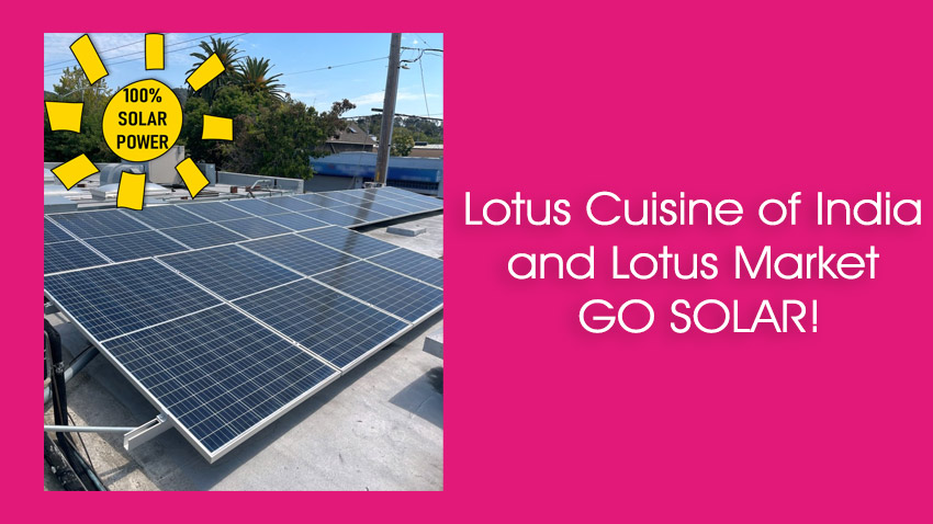 Lotus Cuisine of India and Lotus Market Solar Powered - Solar panels and texts.