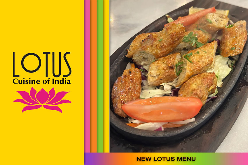 Lotus Cuisine of India - New Updated Menu - Dish on a sizzling plate, logo and texts.